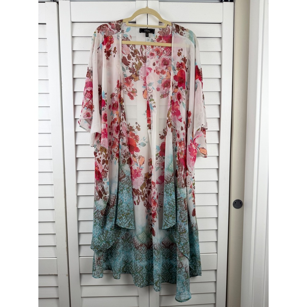 Floral Watercolor Kimono Robe - Pink & Teal